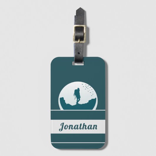 Retro Hiking Camping Landscape Custom Name Blauwgr Bagagelabel (Voorkant (verticaal))