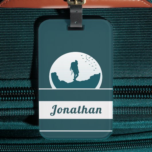 Retro Hiking Camping Landscape Custom Name Blauwgr Bagagelabel