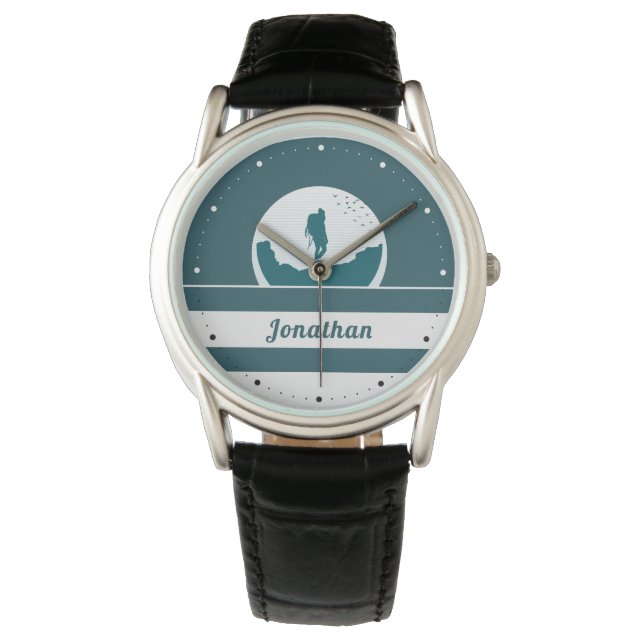 Retro Hiking Camping Landscape Custom Name Blauwgr Horloge (Voorkant)