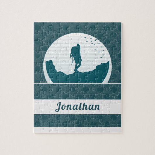 Retro Hiking Camping Landscape Custom Name Blauwgr Legpuzzel (Verticaal)