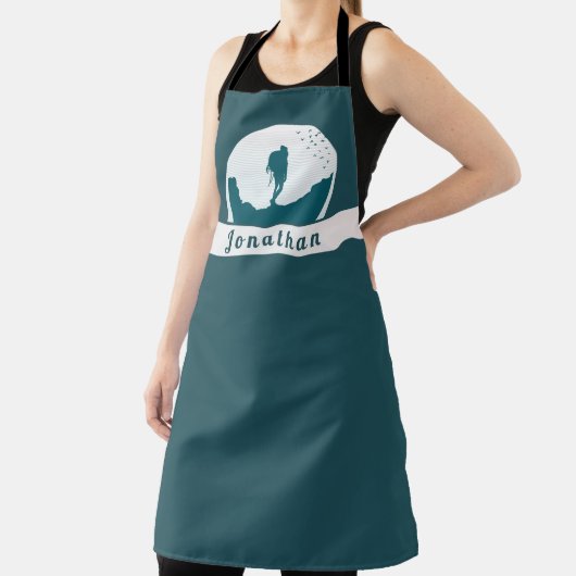 Retro Hiking Camping Landscape Custom Name Blauwgr Schort (Insitu)