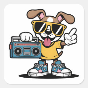 Retro Hip Hop Hond: Cool Tekenfilm Puppy Vierkante Sticker