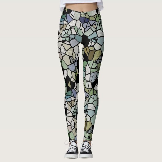 Retro Hip Taupe Blauwgroen Blue Green Mosaic Art P Leggings (Voorkant)