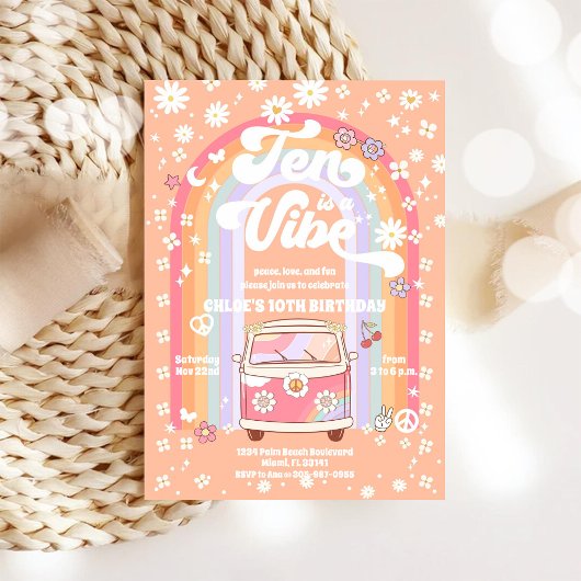 Retro Hippie 10e Verjaardagsuitnodiging Kaart