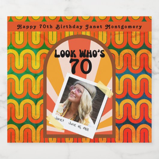 Retro Hippie 60's Custom Foto 70e Verjaardag Sparkling Wijnetiket (Enkel label)