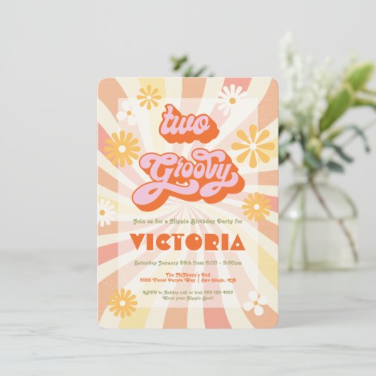 Retro Hippie 70's 60's Two Groovy Birthday Party Kaart (Staand voorkant)