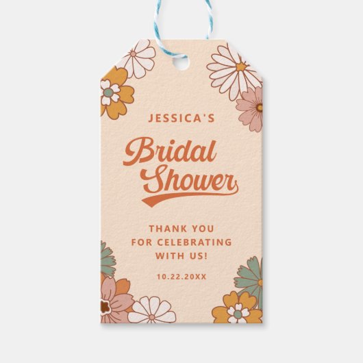 Retro Hippie 70s Bloem Bruiloft Cadeau Tag Cadeaulabel (Voorkant)