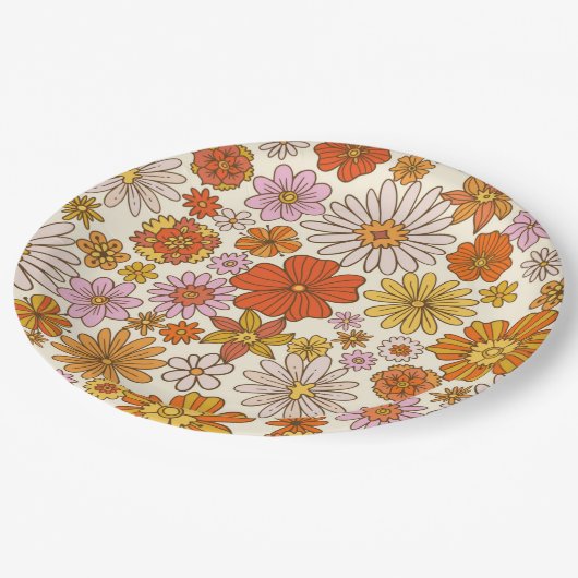 Retro Hippie 70s Bloemen Patroon Partij Papieren Bordje (Gekanteld)