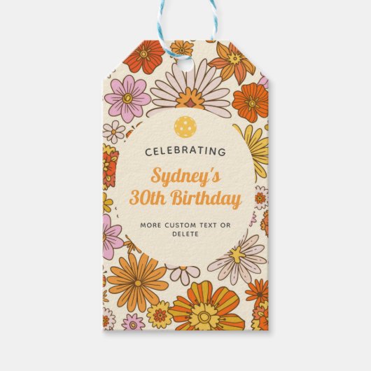 Retro Hippie 70s Bloemen Patroon Pickleball Party Cadeaulabel (Voorkant)