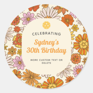 Retro Hippie 70s Bloemmotief Pickleball Feest Ronde Sticker