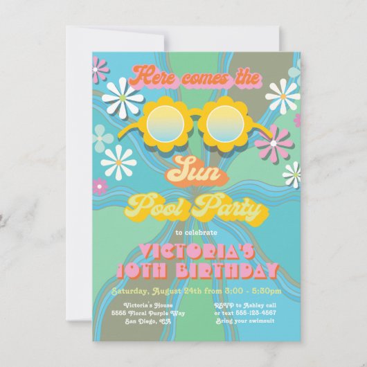 Retro Hippie 70's Daisy Pool Party, Birthday I Kaart (Voorkant)