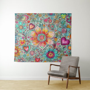 Retro Hippie: Abstract wandtapijt met gele bloemen Wandkleed