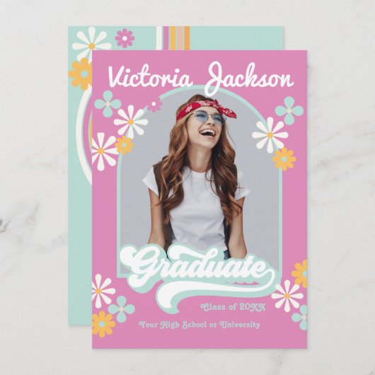 Retro Hippie Afstuderen Fotoaankondiging Kaart (Voorkant / Achterkant)