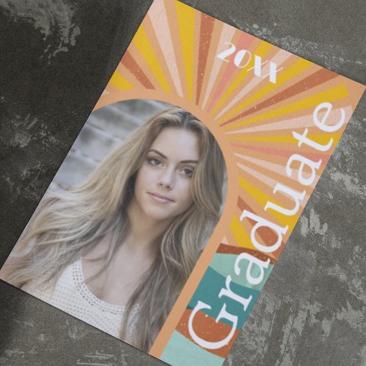 Retro Hippie Arch Foto 70s Perzik Afstuderen Kaart