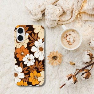 Retro Hippie Bloemen Beige Geel Bruin Oranje iPhone 16 Hoesje