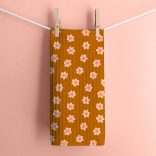 Retro Hippie Bloemen op Camel Brown Theedoek