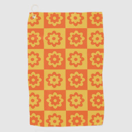 Retro Hippie Bloemen op Geel Oranje Schaakbord Golfhanddoek