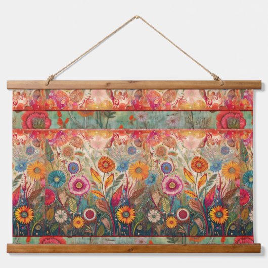 Retro Hippie: Bloemen Patchwork muur opknoping Hangend Wandkleed (Voorkant)