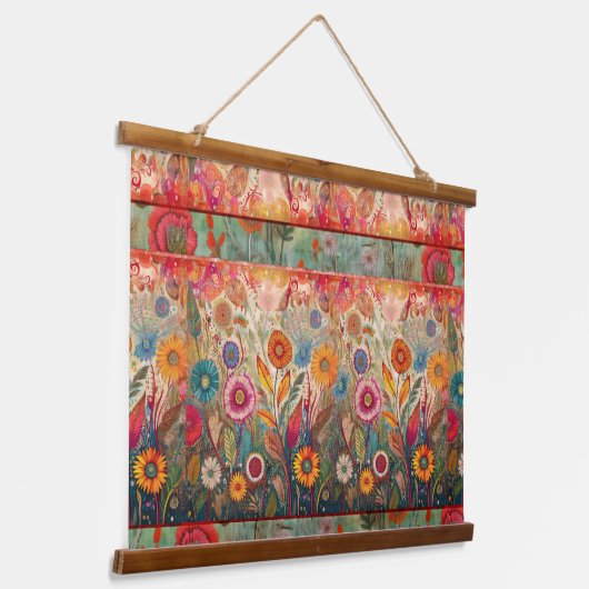 Retro Hippie: Bloemen Patchwork muur opknoping Hangend Wandkleed (Gebogen)