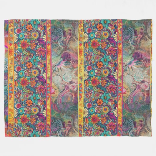 Retro Hippie: Bloemfantasie Fleece Deken (Voorkant (Horizontaal))