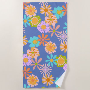 Retro Hippie Bloempatroon in Blauw Strandlaken