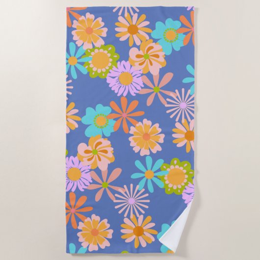 Retro Hippie Bloempatroon in Blauw  Strandlaken (Voorkant)