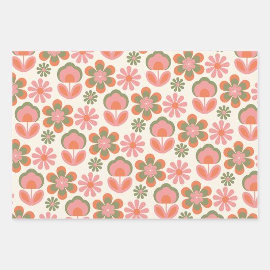 Retro Hippie Boho 70s Bloem roze groen Inpakpapier Vel (Voorkant 3)