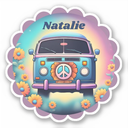 Retro Hippie Bus Monogram Waterdicht Sticker (Voorkant)