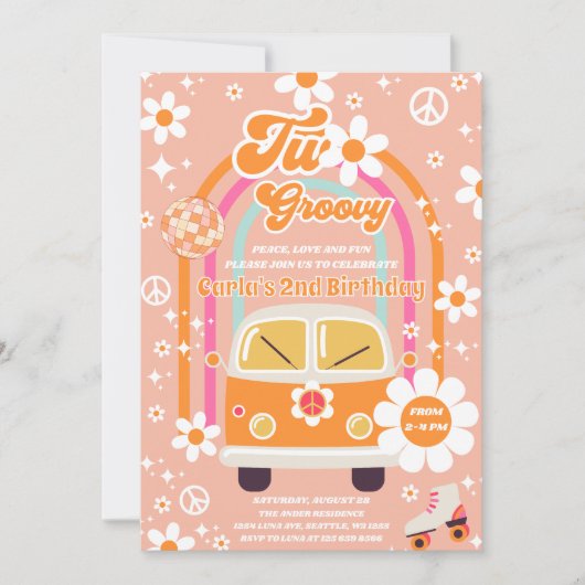 Retro Hippie Daisy Rainbow Two Groovy 2nd Birthday Kaart (Voorkant)