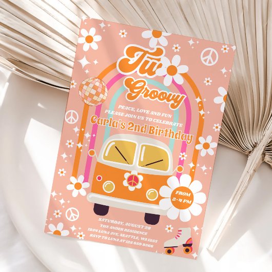 Retro Hippie Daisy Rainbow Two Groovy 2nd Birthday Kaart