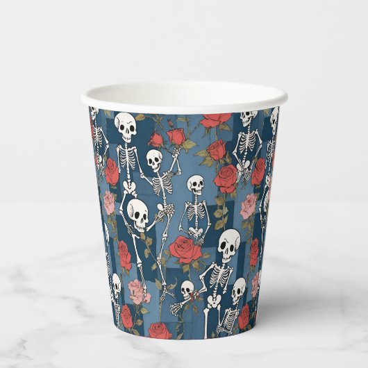 Retro Hippie Denim Patchwork Skeletten & Rozen Papieren Bekers (Achterkant)