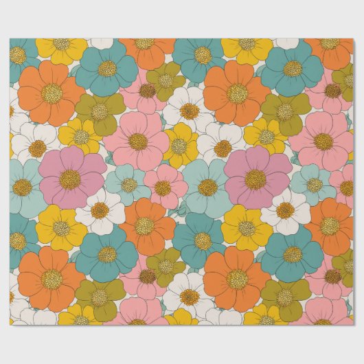 Retro Hippie Floral Verjaardag Cadeaupapier (Vlak)