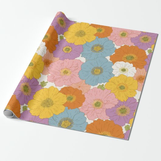 Retro Hippie Floral Verjaardag Cadeaupapier (Uitgerold)