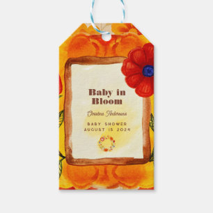 Retro Hippie Floral Waterverf Oranje Baby shower Cadeaulabel