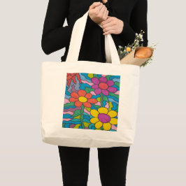 Retro Hippie Flower Art Grote Tote Bag