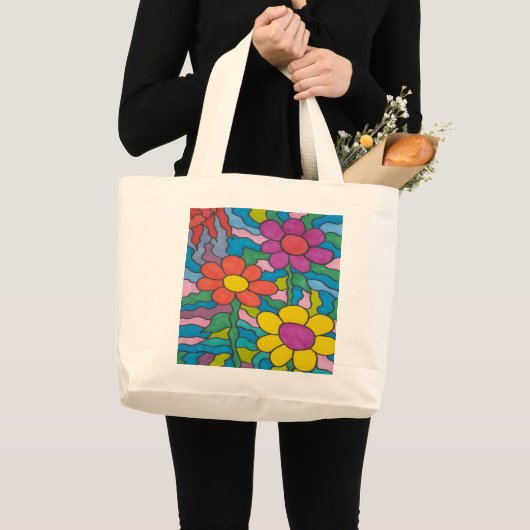 Retro Hippie Flower Art Grote Tote Bag (Voorkant (product))