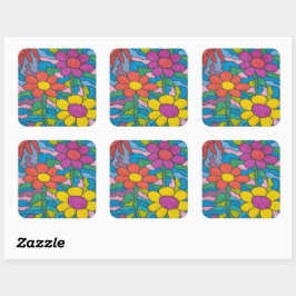 Retro Hippie Flower Art Vierkante Sticker