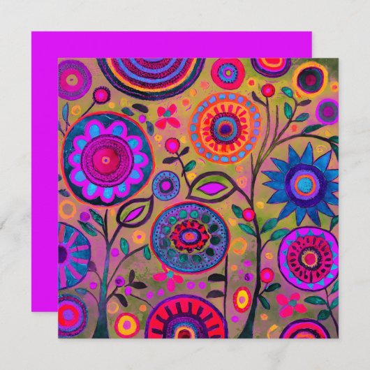 Retro Hippie Flower pattern Hot Pink Feestdagenkaart (Voorkant / Achterkant)
