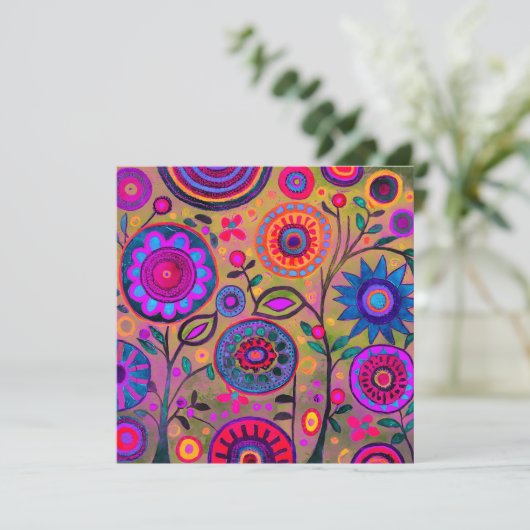  Retro Hippie Flower pattern Hot Pink Feestdagenkaart (Staand voorkant)