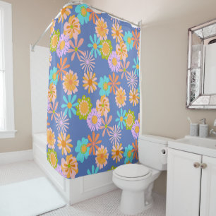 Retro Hippie Flower Pattern in Blue Douchegordijn
