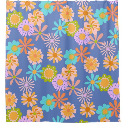 Retro Hippie Flower Pattern in Blue Douchegordijn (Voorkant)