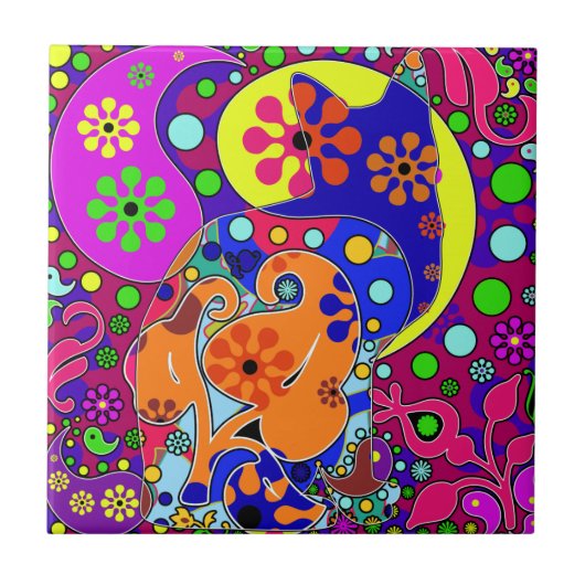 Retro Hippie Flower Power Paisley Cat Pop Art Tegeltje (Voorkant)