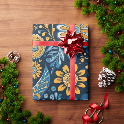 Retro Hippie Flowers Design Geel Blauw Cadeaupapier (Feestdagen Geschenken)