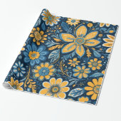 Retro Hippie Flowers Design Geel Blauw Cadeaupapier (Uitgerold)