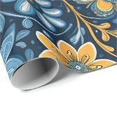 Retro Hippie Flowers Design Geel Blauw Cadeaupapier (Rol Hoek)