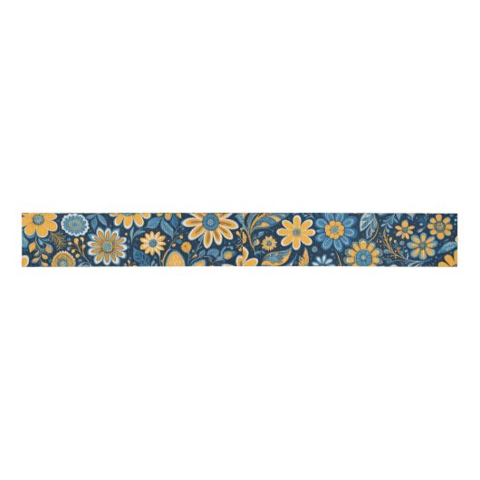 Retro Hippie Flowers Design Geel Blauw Grosgrain Lint (Voorkant)