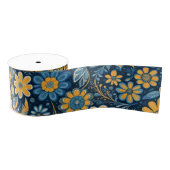 Retro Hippie Flowers Design Geel Blauw Grosgrain Lint (Spoel)