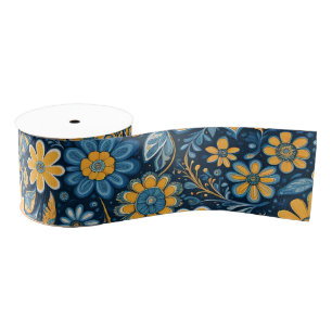 Retro Hippie Flowers Design Geel Blauw Grosgrain Lint