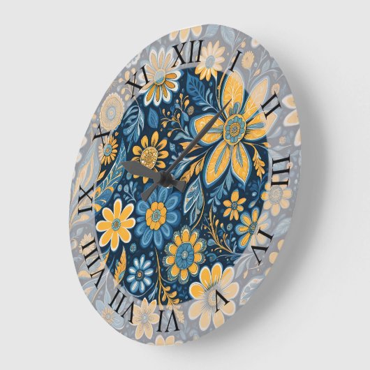 Retro Hippie  Flowers Design Geel Blauw Grote Klok (Hoek)