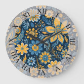 Retro Hippie  Flowers Design Geel Blauw Grote Klok (Voorkant)